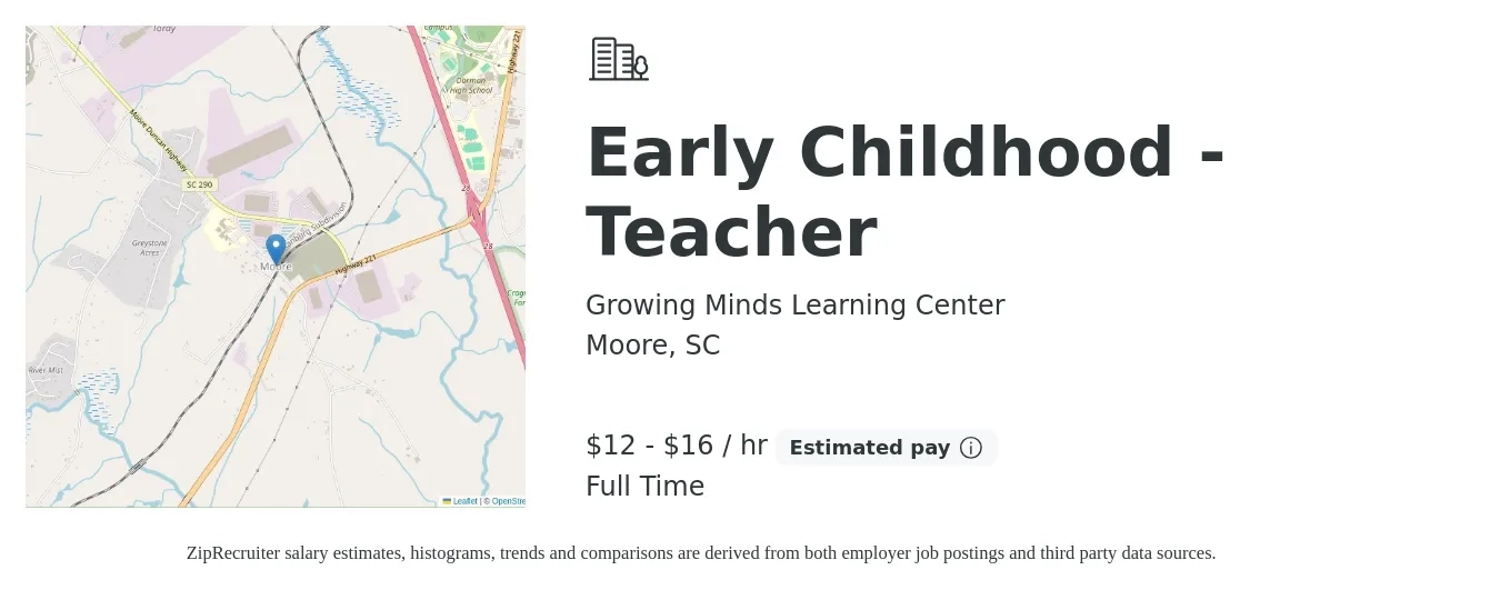 Growing Minds Learning Center job posting for a Early Childhood - Teacher in Moore, SC with a salary of $13 to $17 Hourly with a map of Moore location.