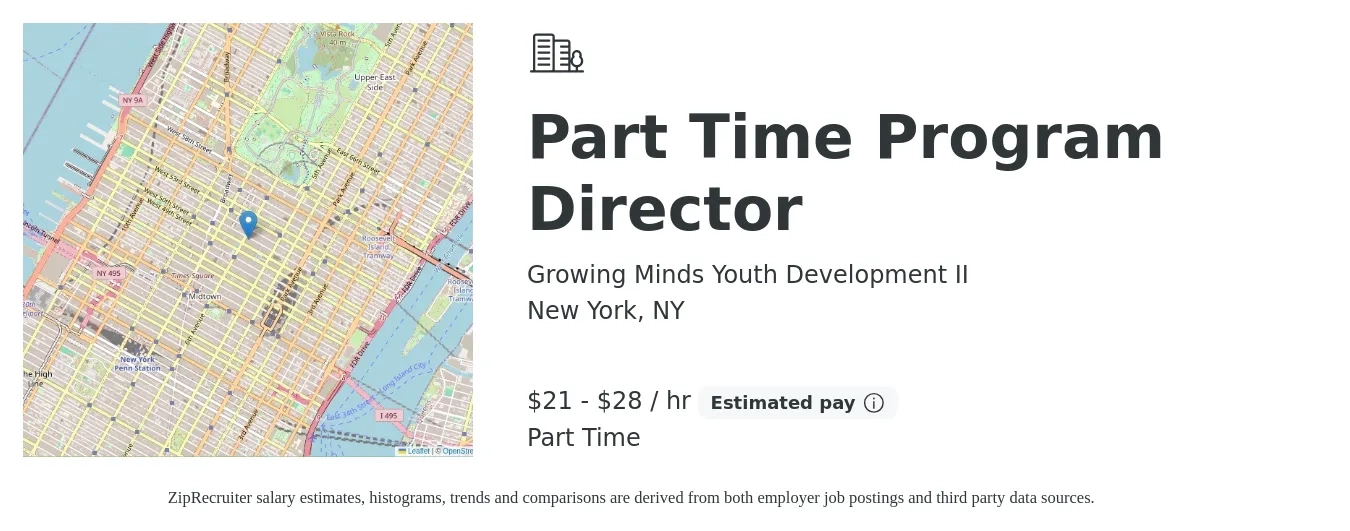 Growing Minds Youth Development II job posting for a Part Time Program Director in New York, NY with a salary of $22 to $30 Hourly with a map of New York location.