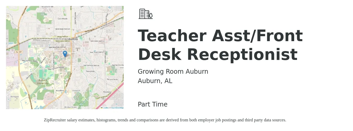 Growing Room Auburn job posting for a Teacher Asst/Front Desk Receptionist in Auburn, AL with a salary of $11 to $12 Hourly with a map of Auburn location.