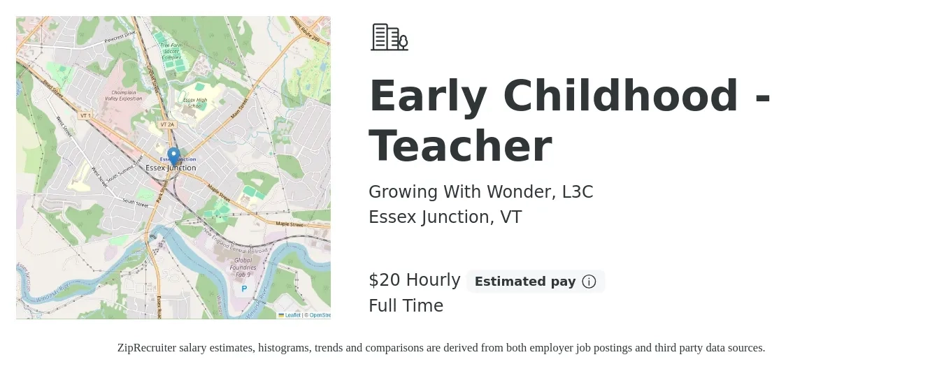 Growing With Wonder, L3C job posting for a Early Childhood - Teacher in Essex Junction, VT with a salary of $21 Hourly with a map of Essex Junction location.