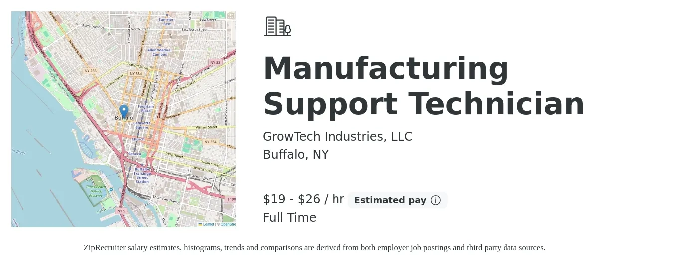 GrowTech Industries, LLC job posting for a Manufacturing Support Technician in Buffalo, NY with a salary of $20 to $28 Hourly with a map of Buffalo location.