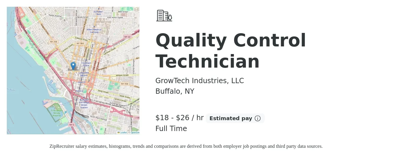 GrowTech Industries, LLC job posting for a Quality Control Technician in Buffalo, NY with a salary of $19 to $28 Hourly with a map of Buffalo location.
