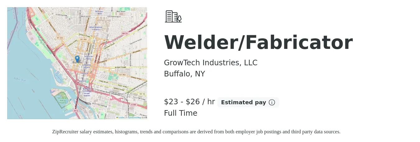 GrowTech Industries, LLC job posting for a Welder/Fabricator in Buffalo, NY with a salary of $24 to $28 Hourly with a map of Buffalo location.