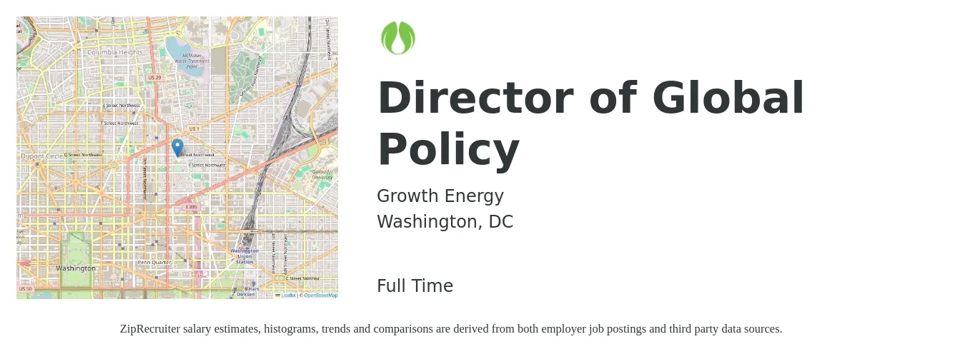 Growth Energy job posting for a Director of Global Policy in Washington, DC with a salary of $133,700 to $163,600 Yearly with a map of Washington location.