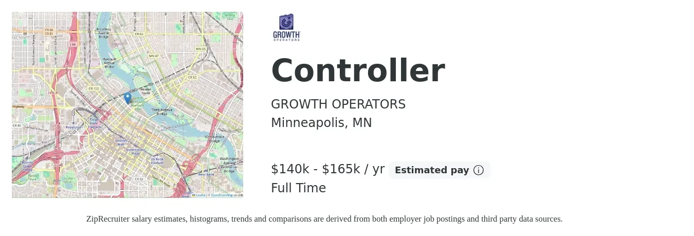 GROWTH OPERATORS job posting for a Controller in Minneapolis, MN with a salary of $140,000 to $165,000 Yearly with a map of Minneapolis location.