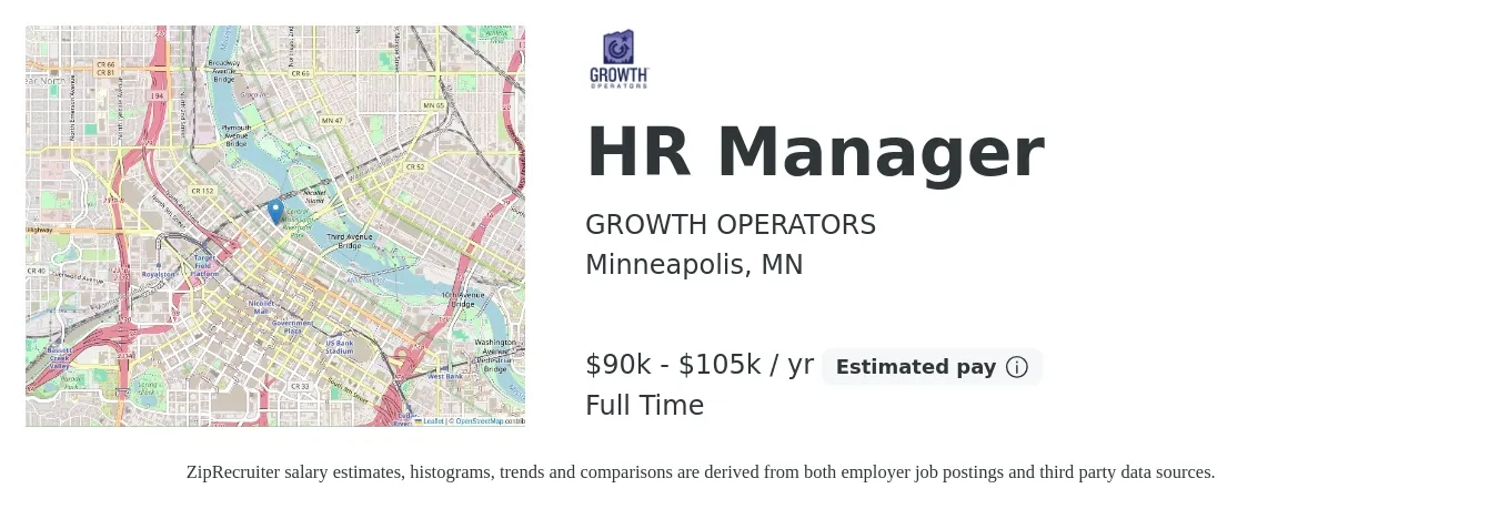 GROWTH OPERATORS job posting for a HR Manager in Minneapolis, MN with a salary of $90,000 to $105,000 Yearly with a map of Minneapolis location.