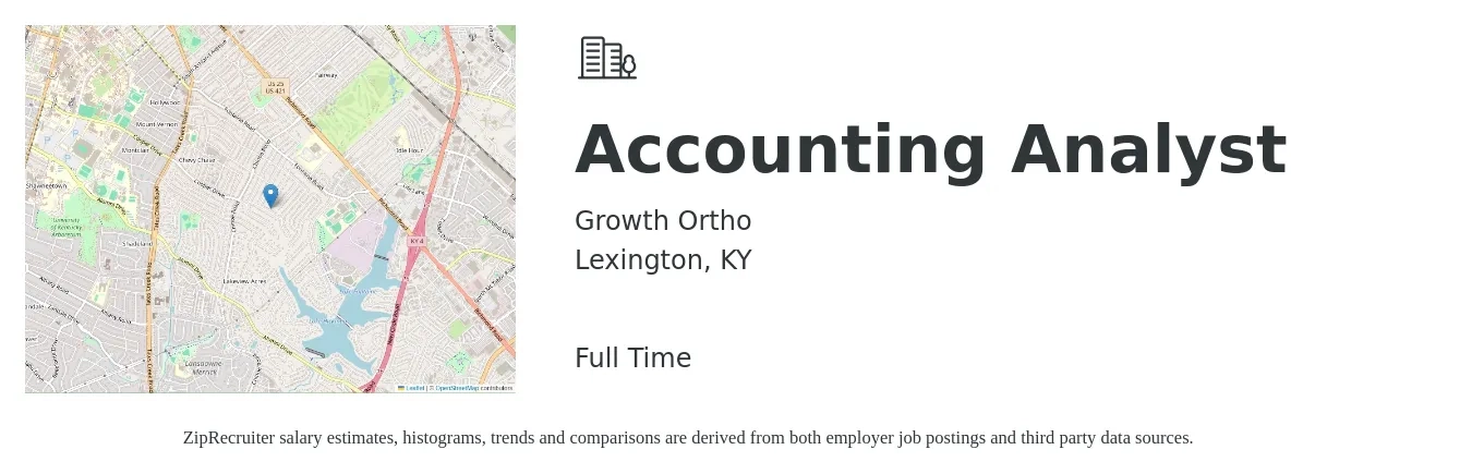 Growth Ortho job posting for a Accounting Analyst in Lexington, KY with a salary of $50,800 to $66,500 Yearly with a map of Lexington location.