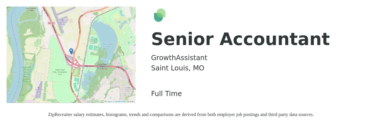 GrowthAssistant job posting for a Senior Accountant in Saint Louis, MO with a salary of $71,900 to $90,400 Yearly with a map of Saint Louis location.