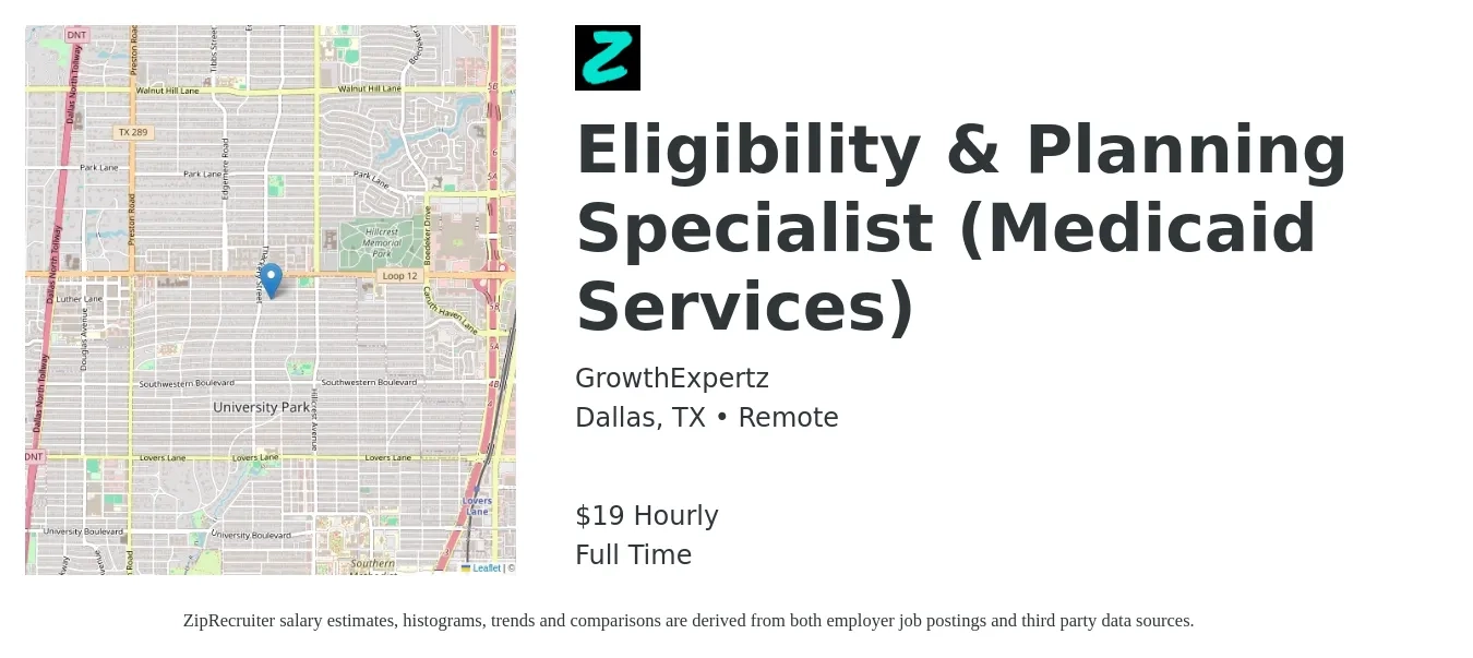 GrowthExpertz job posting for a Eligibility & Planning Specialist (Medicaid Services) in Dallas, TX with a salary of $20 Hourly with a map of Dallas location.