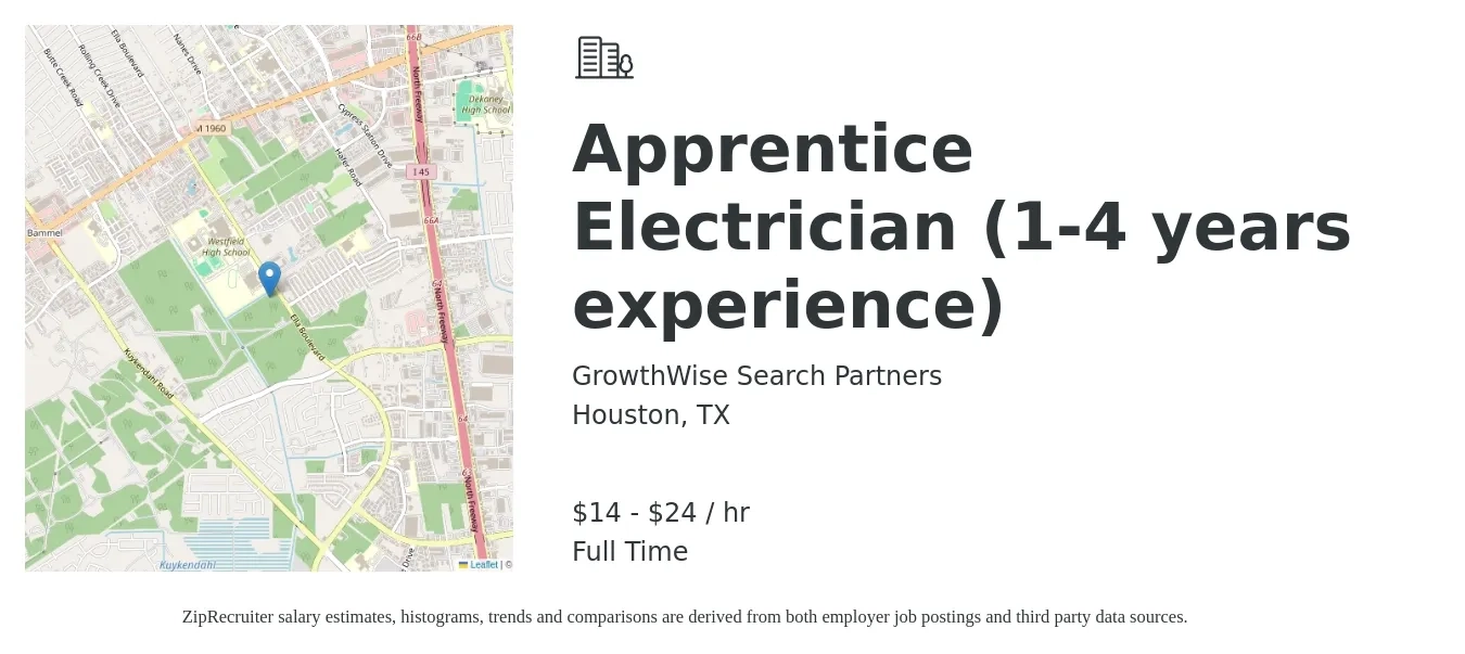 GrowthWise Search Partners job posting for a Apprentice Electrician (1-4 years experience) in Houston, TX with a salary of $16 to $27 Hourly with a map of Houston location.