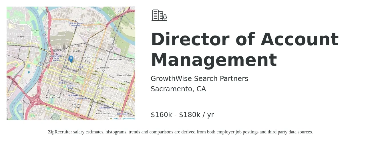GrowthWise Search Partners job posting for a Director of Account Management in Sacramento, CA with a salary of $160,000 to $180,000 Yearly with a map of Sacramento location.