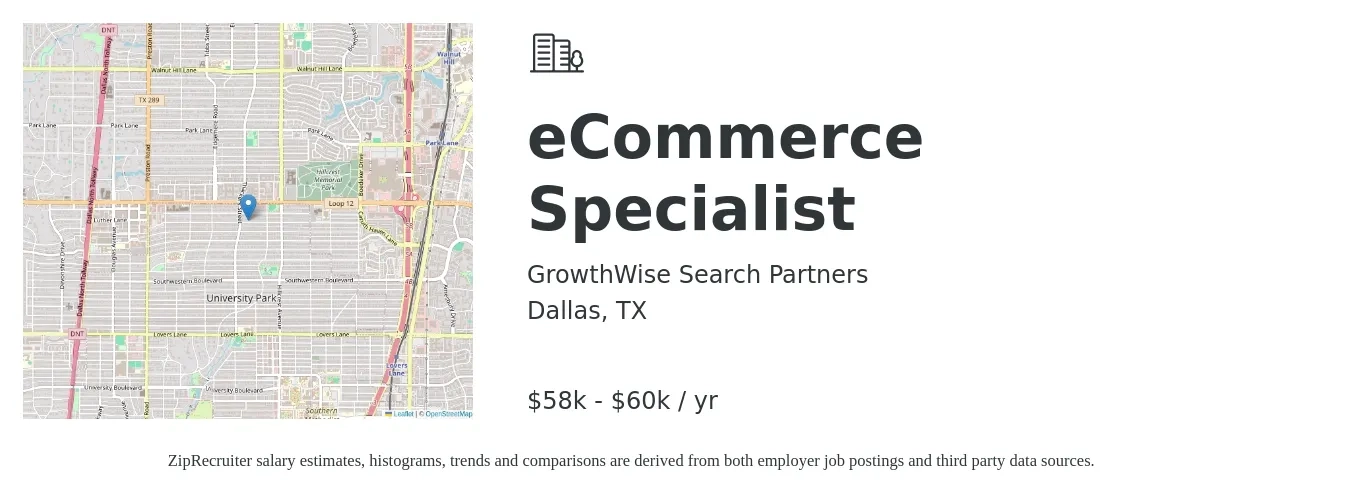 GrowthWise Search Partners job posting for a eCommerce Specialist in Dallas, TX with a salary of $58,000 to $60,000 Yearly with a map of Dallas location.