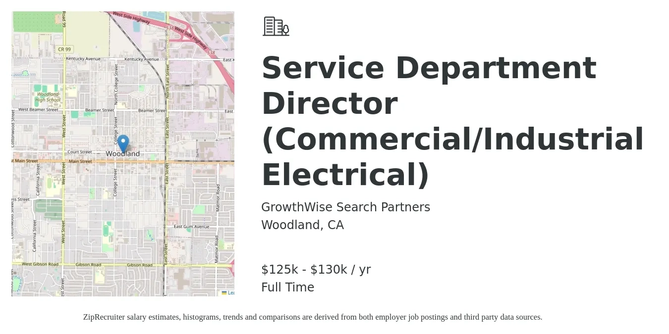 GrowthWise Search Partners job posting for a Service Department Director (Commercial/Industrial Electrical) in Woodland, CA with a salary of $125,000 to $130,000 Yearly with a map of Woodland location.