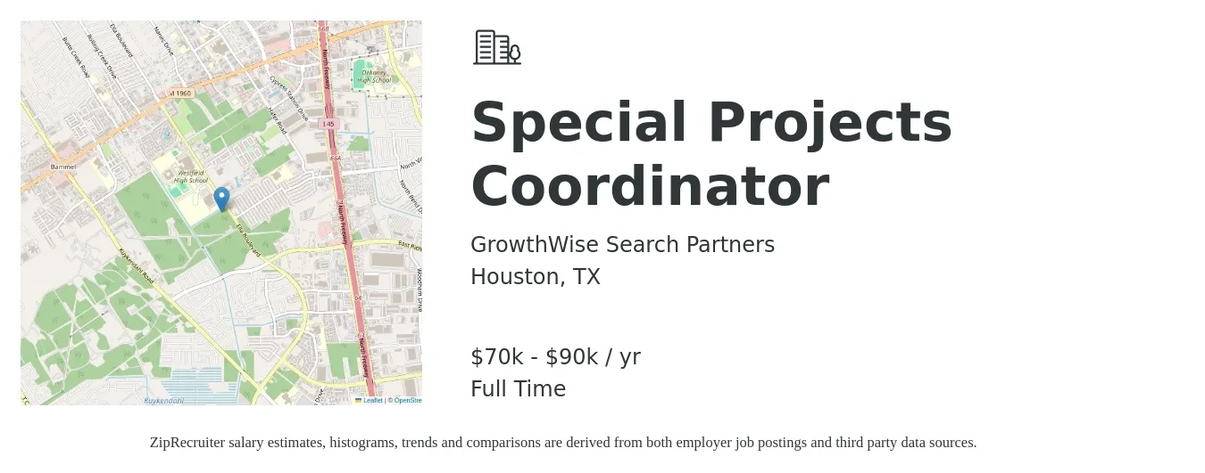 GrowthWise Search Partners job posting for a Special Projects Coordinator in Houston, TX with a salary of $70,000 to $90,000 Yearly with a map of Houston location.