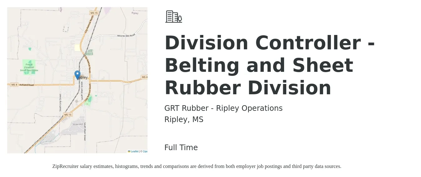 GRT Rubber - Ripley Operations job posting for a Division Controller - Belting and Sheet Rubber Division in Ripley, MS with a salary of $94,300 to $128,000 Yearly with a map of Ripley location.