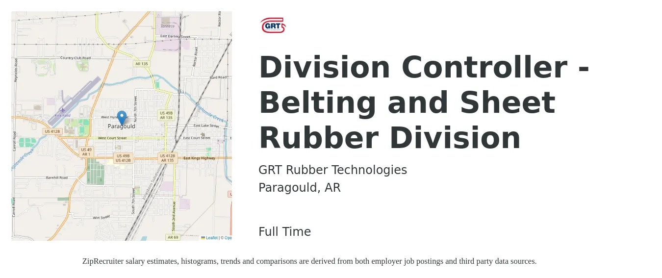 GRT Rubber Technologies job posting for a Division Controller - Belting and Sheet Rubber Division in Paragould, AR with a salary of $97,500 to $132,300 Yearly with a map of Paragould location.