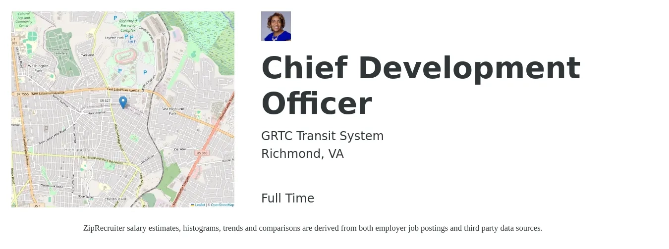 GRTC Transit System job posting for a Chief Development Officer in Richmond, VA with a salary of $98,700 to $158,700 Yearly with a map of Richmond location.