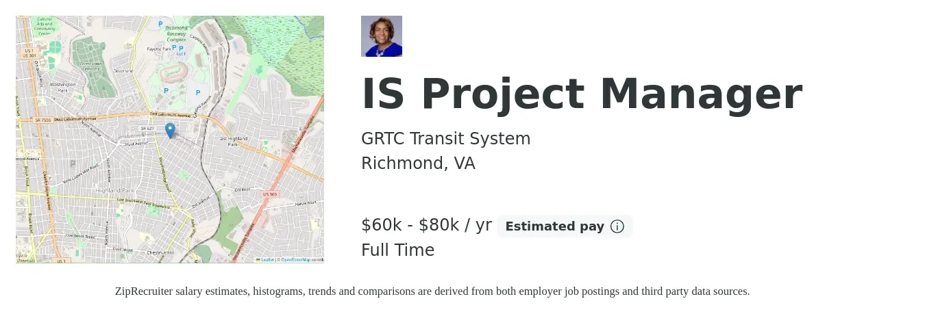 GRTC Transit System job posting for a IS Project Manager in Richmond, VA with a salary of $60,000 to $80,000 Yearly with a map of Richmond location.