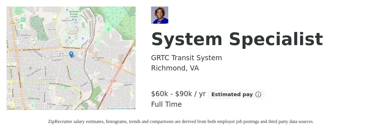 GRTC Transit System job posting for a System Specialist in Richmond, VA with a salary of $60,000 to $90,000 Yearly with a map of Richmond location.