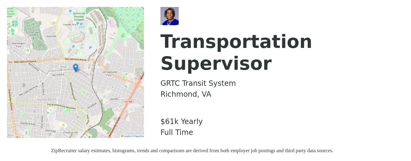 GRTC Transit System job posting for a Transportation Supervisor in Richmond, VA with a salary of $61,000 Yearly with a map of Richmond location.