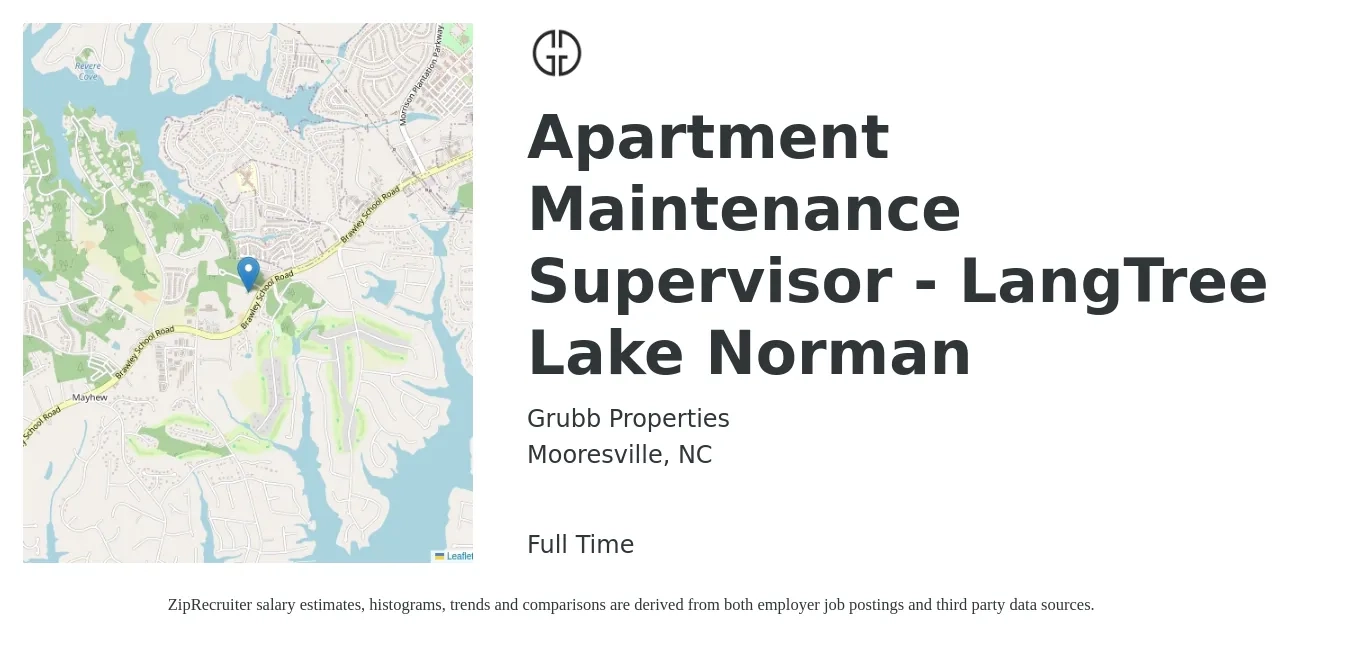 Grubb Properties job posting for a Apartment Maintenance Supervisor - LangTree Lake Norman in Mooresville, NC with a salary of $20 to $25 Hourly with a map of Mooresville location.