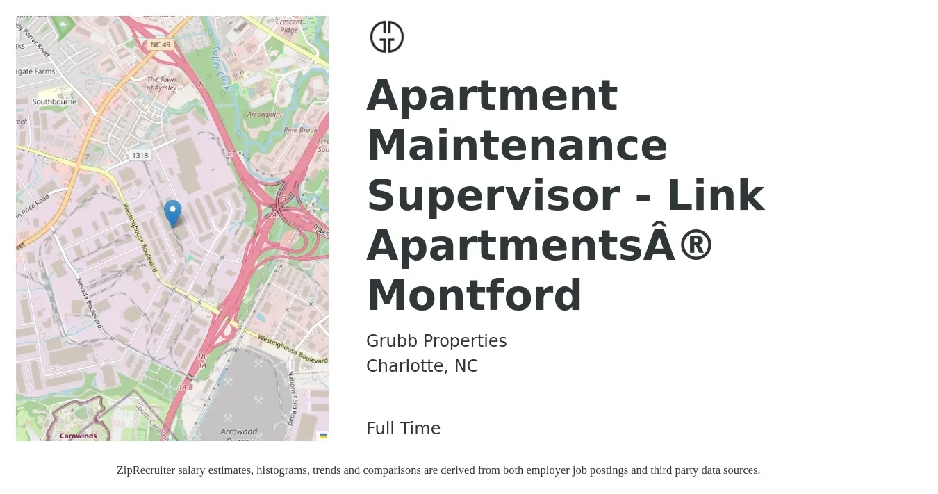 Grubb Properties job posting for a Apartment Maintenance Supervisor - Link Apartments® Montford in Charlotte, NC with a salary of $24 to $39 Hourly with a map of Charlotte location.