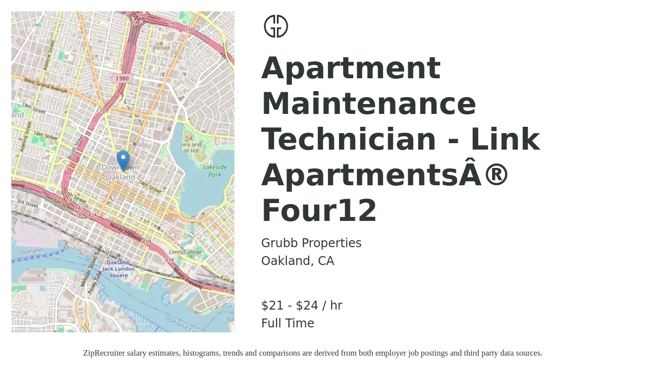 Grubb Properties job posting for a Apartment Maintenance Technician - Link Apartments® Four12 in Oakland, CA with a salary of $22 to $25 Hourly with a map of Oakland location.