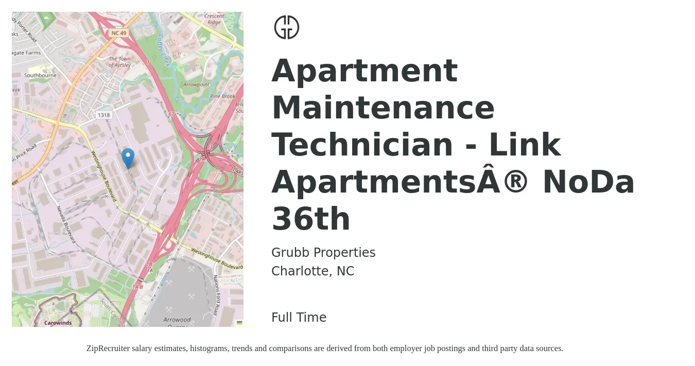 Grubb Properties job posting for a Apartment Maintenance Technician - Link Apartments® NoDa 36th in Charlotte, NC with a salary of $18 to $22 Hourly with a map of Charlotte location.