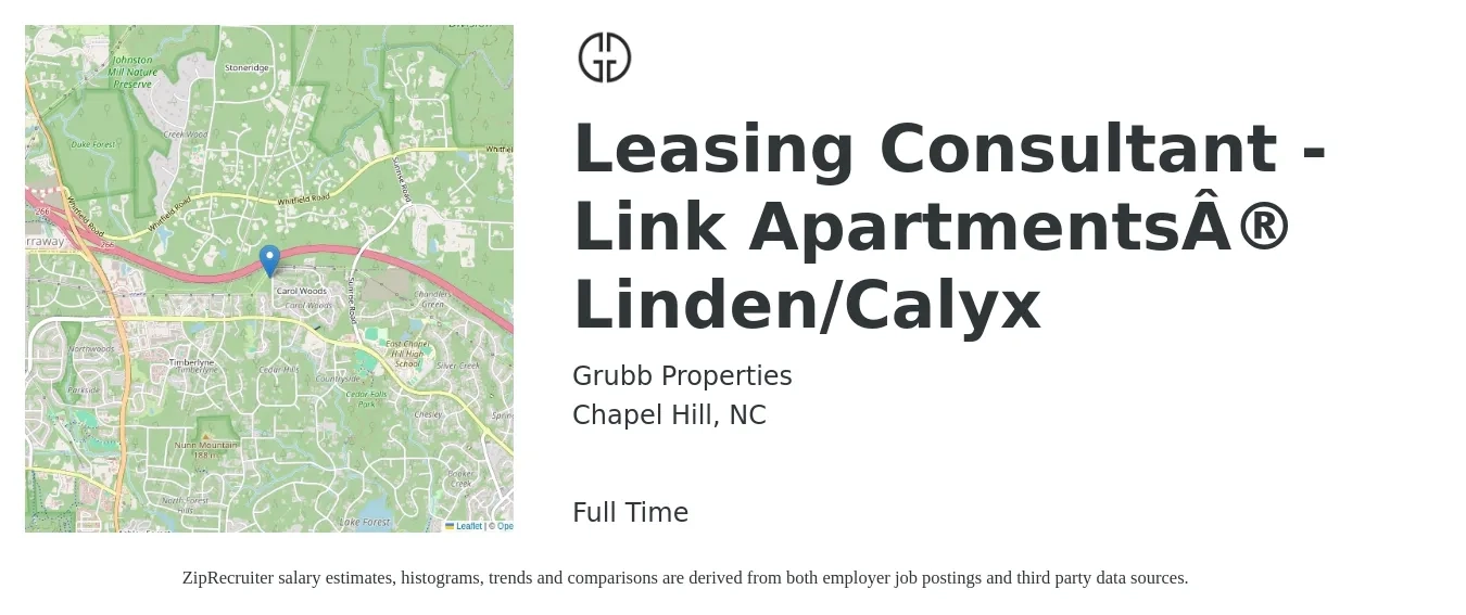 Grubb Properties job posting for a Leasing Consultant - Link Apartments® Linden/Calyx in Chapel Hill, NC with a salary of $14 to $16 Hourly with a map of Chapel Hill location.