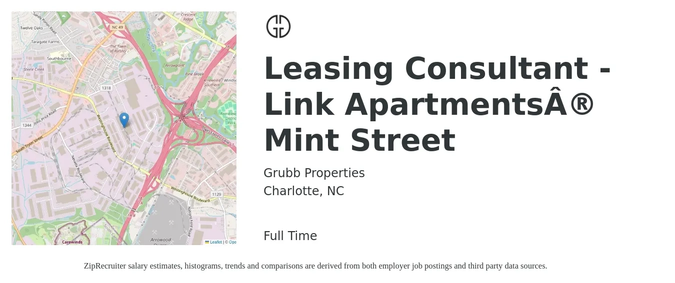 Grubb Properties job posting for a Leasing Consultant - Link Apartments® Mint Street in Charlotte, NC with a salary of $16 to $19 Hourly with a map of Charlotte location.