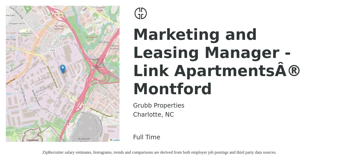 Grubb Properties job posting for a Marketing and Leasing Manager - Link Apartments® Montford in Charlotte, NC with a salary of $44,900 to $118,200 Yearly with a map of Charlotte location.