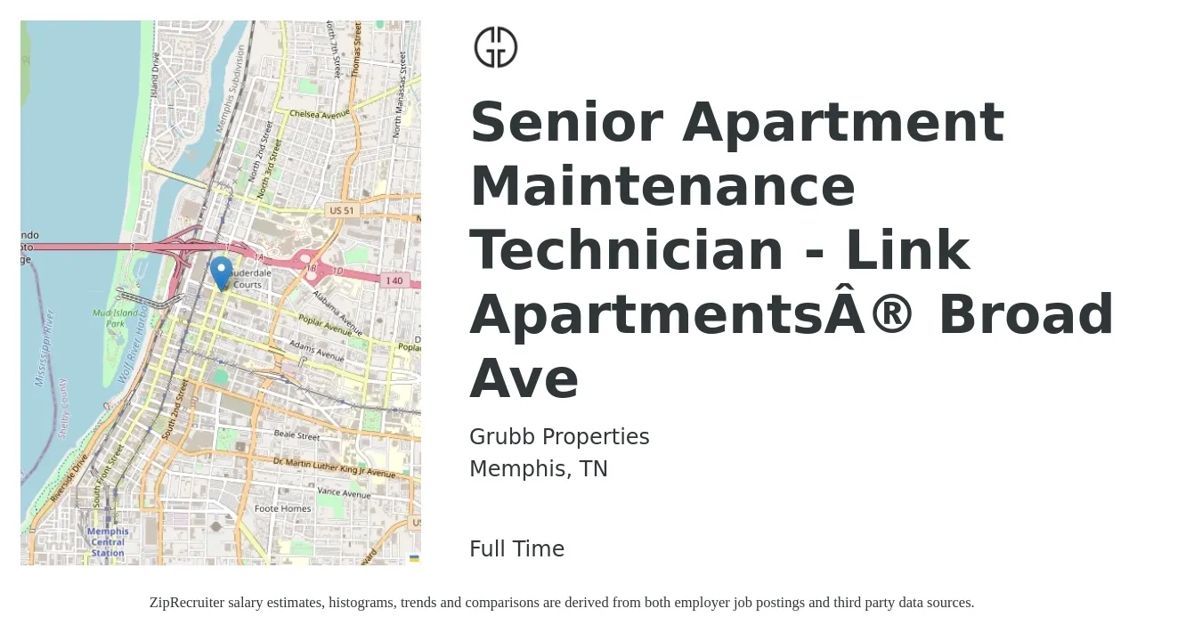 Grubb Properties job posting for a Senior Apartment Maintenance Technician - Link Apartments® Broad Ave in Memphis, TN with a salary of $23 to $32 Hourly with a map of Memphis location.