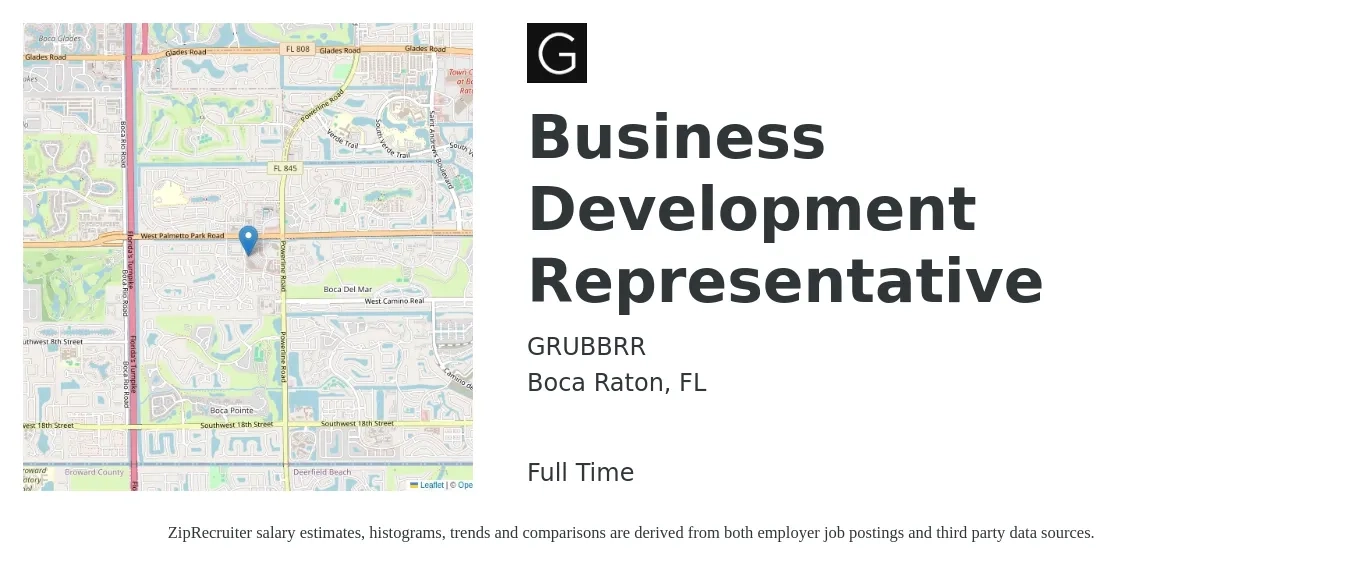 GRUBBRR job posting for a Business Development Representative in Boca Raton, FL with a salary of $41,800 to $65,100 Yearly with a map of Boca Raton location.