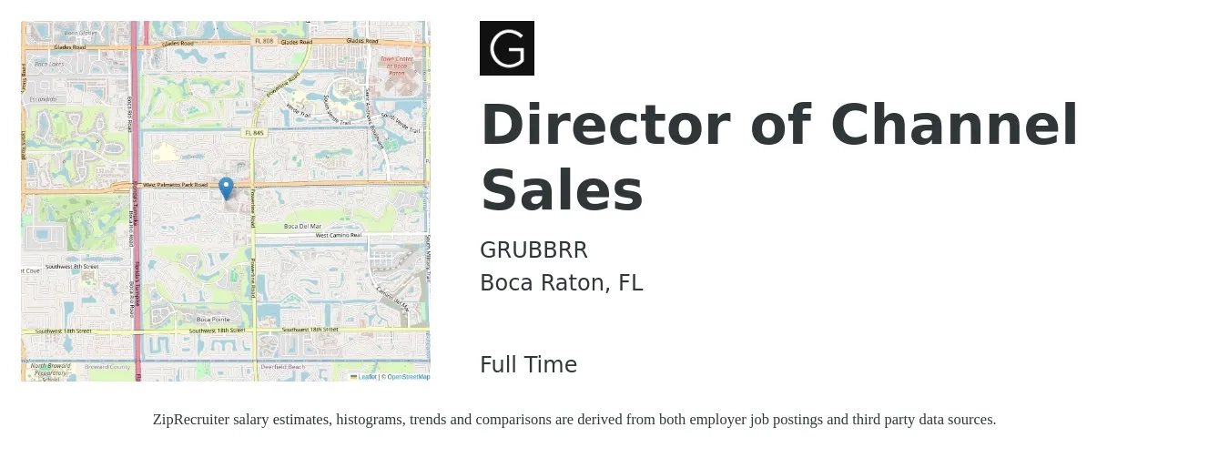 GRUBBRR job posting for a Director of Channel Sales in Boca Raton, FL with a salary of $65,100 to $127,800 Yearly with a map of Boca Raton location.