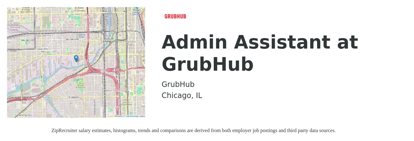 GrubHub job posting for a Admin Assistant at GrubHub in Chicago, IL with a salary of $18 to $25 Hourly with a map of Chicago location.