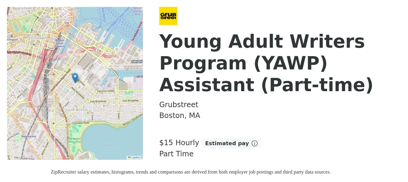 GrubStreet job posting for a Young Adult Writers Program (YAWP) Assistant (Part-time) in Boston, MA with a salary of $16 Hourly with a map of Boston location.