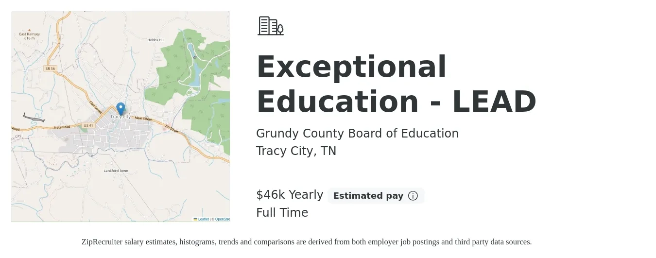 Grundy County Board of Education job posting for a Exceptional Education - LEAD in Tracy City, TN with a salary of $46,350 Yearly with a map of Tracy City location.