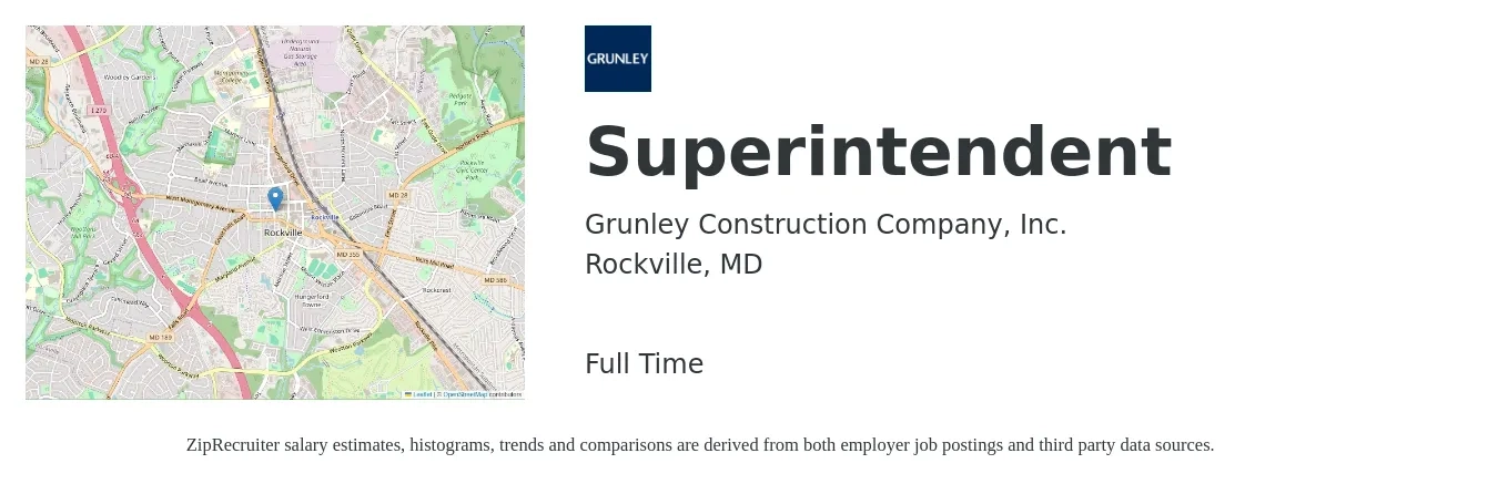 Grunley Construction Company, Inc. job posting for a Superintendent in Rockville, MD with a salary of $72,400 to $117,700 Yearly with a map of Rockville location.