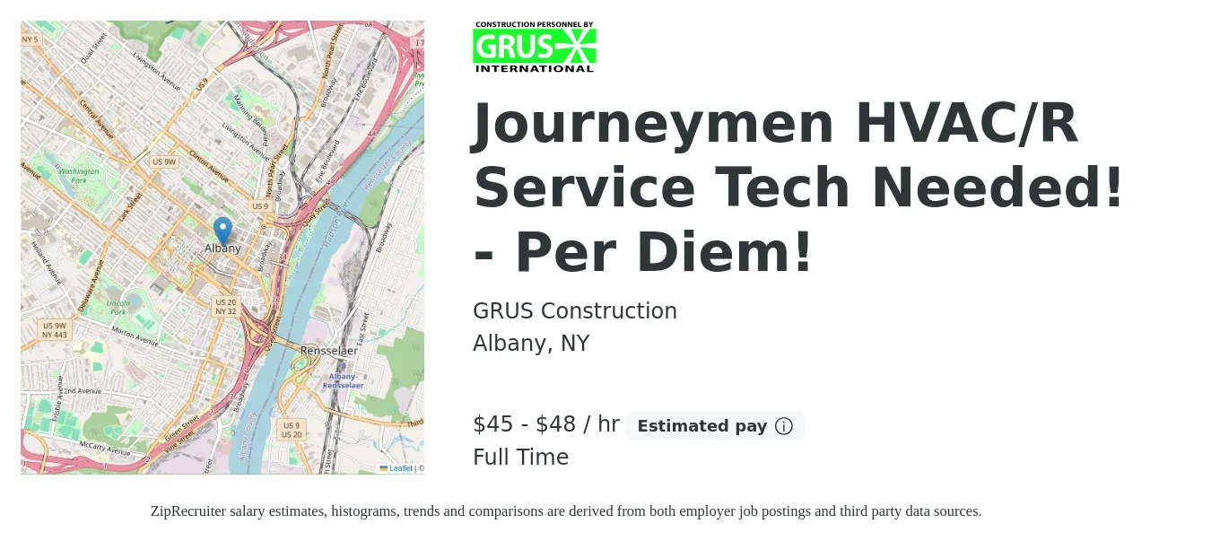GRUS Construction job posting for a Journeymen HVAC/R Service Tech Needed! - Per Diem! in Albany, NY with a salary of $47 to $50 Hourly with a map of Albany location.
