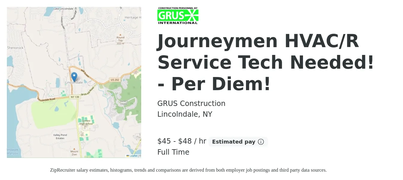 GRUS Construction job posting for a Journeymen HVAC/R Service Tech Needed! - Per Diem! in Lincolndale, NY with a salary of $47 to $50 Hourly with a map of Lincolndale location.