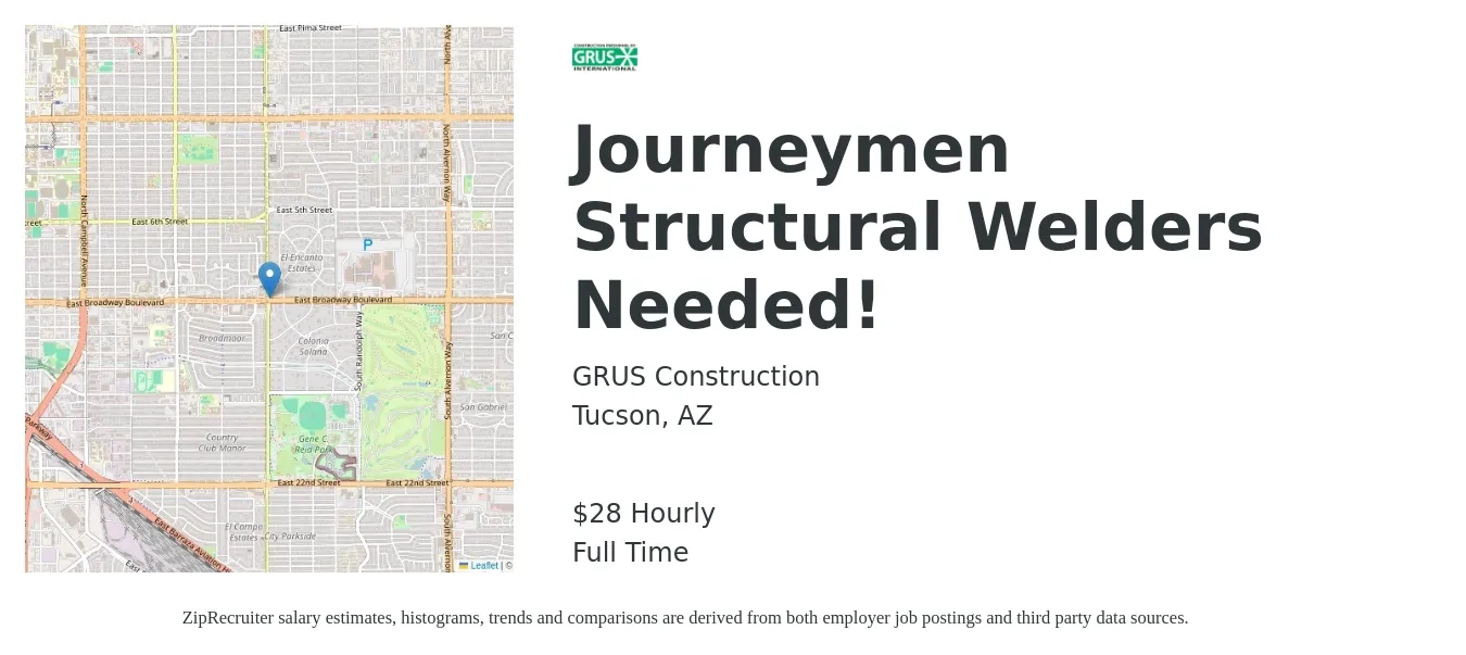 GRUS Construction job posting for a Journeymen Structural Welders Needed! in Tucson, AZ with a salary of $27 to $30 Hourly with a map of Tucson location.