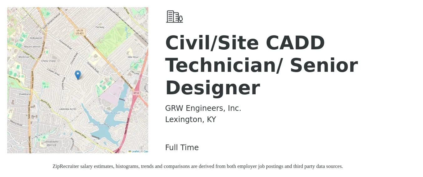 GRW Engineers, Inc. job posting for a Civil/Site CADD Technician/ Senior Designer in Lexington, KY with a salary of $59,100 to $82,300 Yearly with a map of Lexington location.