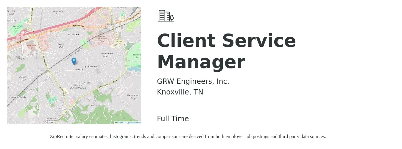 GRW Engineers, Inc. job posting for a Client Service Manager in Knoxville, TN with a salary of $39,100 to $66,800 Yearly with a map of Knoxville location.