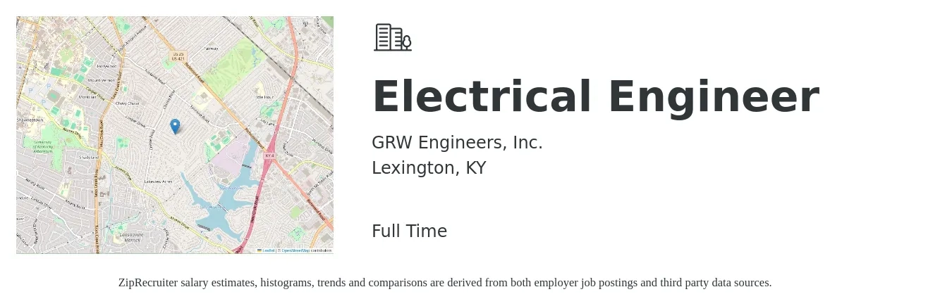 GRW Engineers, Inc. job posting for a Electrical Engineer in Lexington, KY with a salary of $72,700 to $115,600 Yearly with a map of Lexington location.