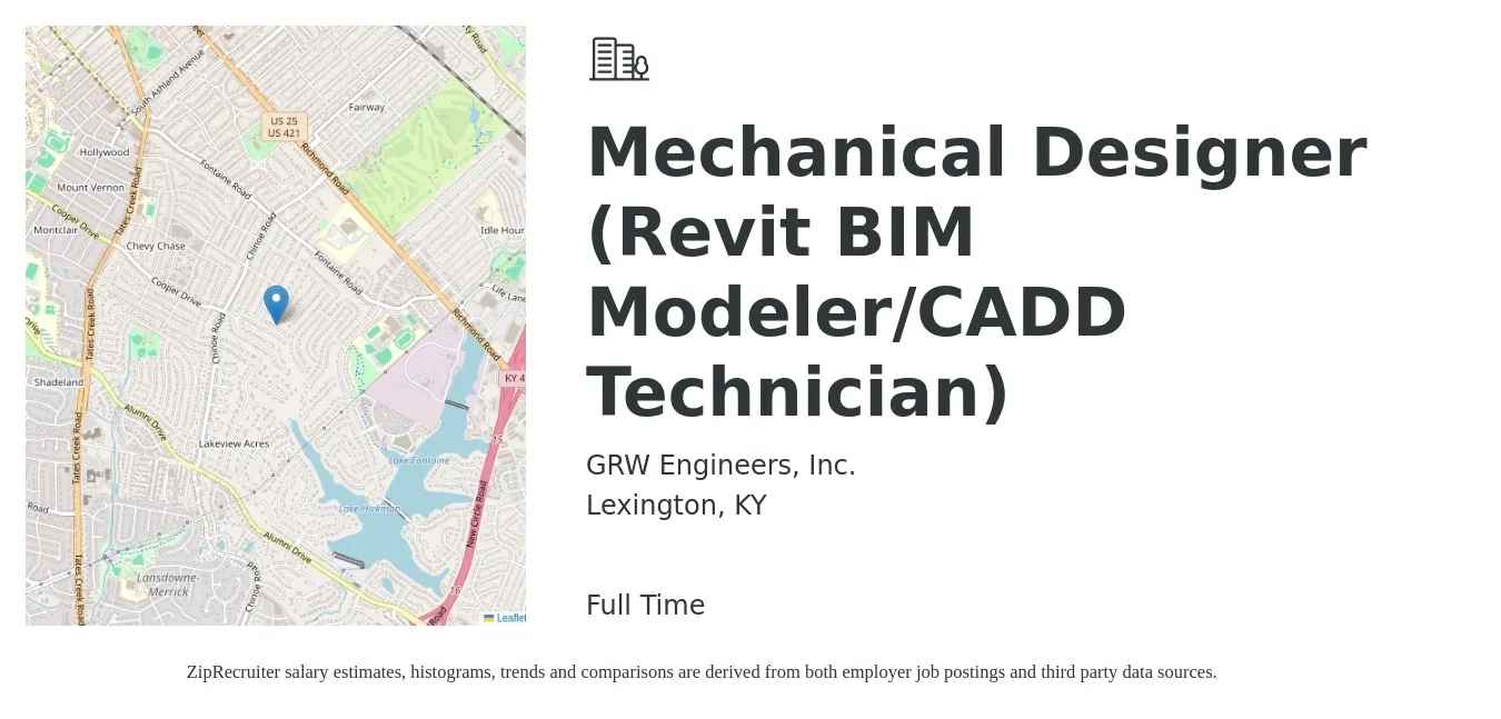 GRW Engineers, Inc. job posting for a Mechanical Designer (Revit BIM Modeler/CADD Technician) in Lexington, KY with a salary of $53,400 to $70,500 Yearly with a map of Lexington location.