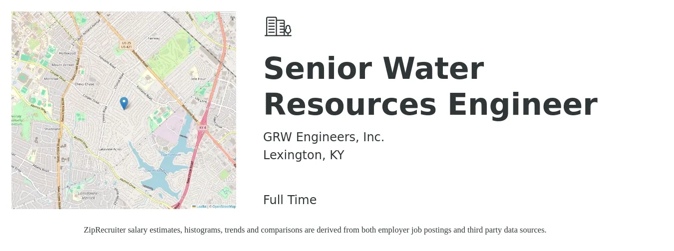 GRW Engineers, Inc. job posting for a Senior Water Resources Engineer in Lexington, KY with a salary of $83,600 to $120,000 Yearly with a map of Lexington location.