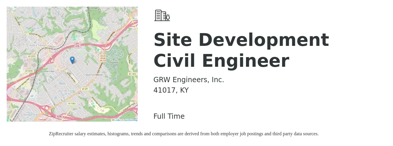 GRW Engineers, Inc. job posting for a Site Development Civil Engineer in 41017, KY with a salary of $74,600 to $106,800 Yearly with a map of 41017 location.