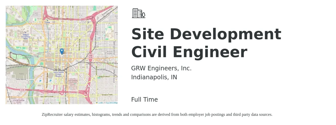 GRW Engineers, Inc. job posting for a Site Development Civil Engineer in Indianapolis, IN with a salary of $75,500 to $108,000 Yearly with a map of Indianapolis location.