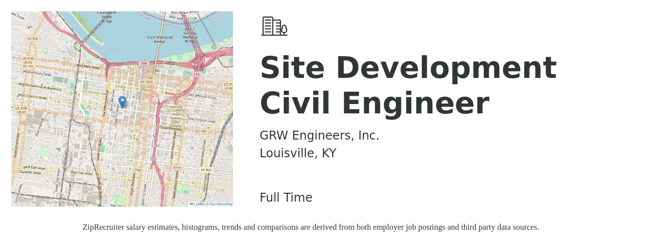 GRW Engineers, Inc. job posting for a Site Development Civil Engineer in Louisville, KY with a salary of $72,300 to $103,400 Yearly with a map of Louisville location.