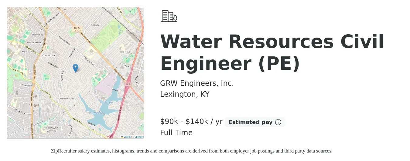 GRW Engineers, Inc. job posting for a Water Resources Civil Engineer (PE) in Lexington, KY with a salary of $90,000 to $140,000 Yearly with a map of Lexington location.